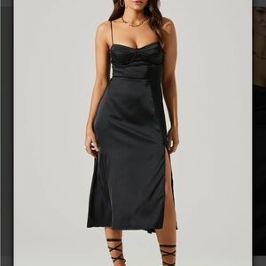 Astr Black Satin Slip Midi Dress with Side Slit
